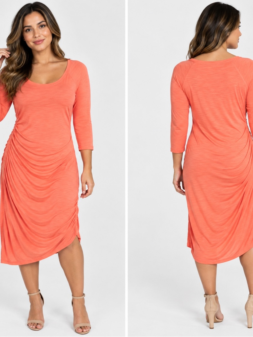 Express Women’s Coral Orange Ruched Dress – Size Large